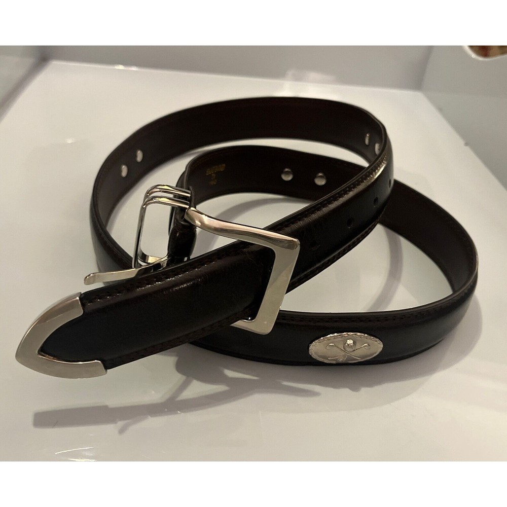 Mens Leather Belt Concho Style Golf Theme Brown Silver Trim Sz 42 Excellent